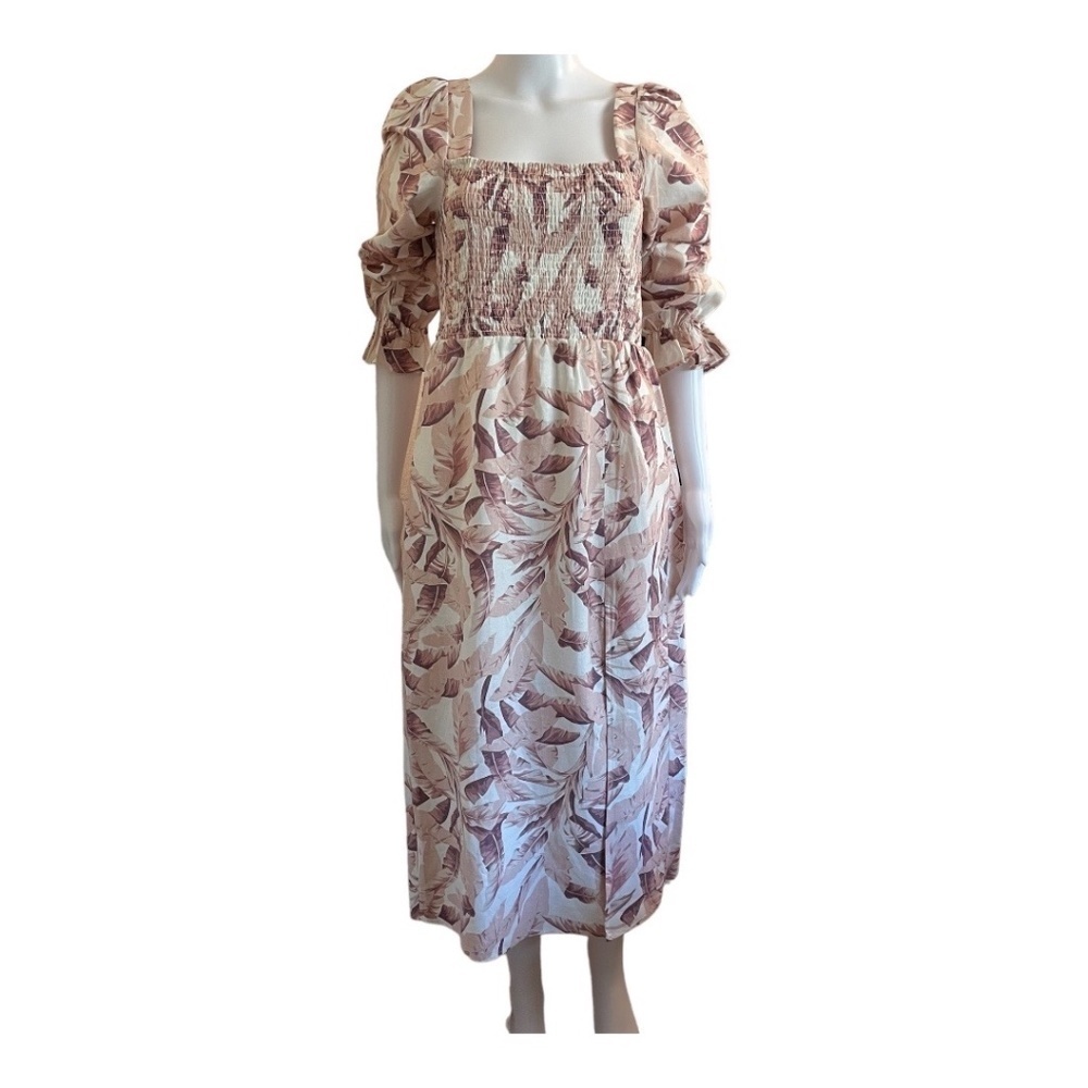 NEW House of Harlow 1960 Tropical Palm Print Midi Dress Cottagecore Linen Sz. M